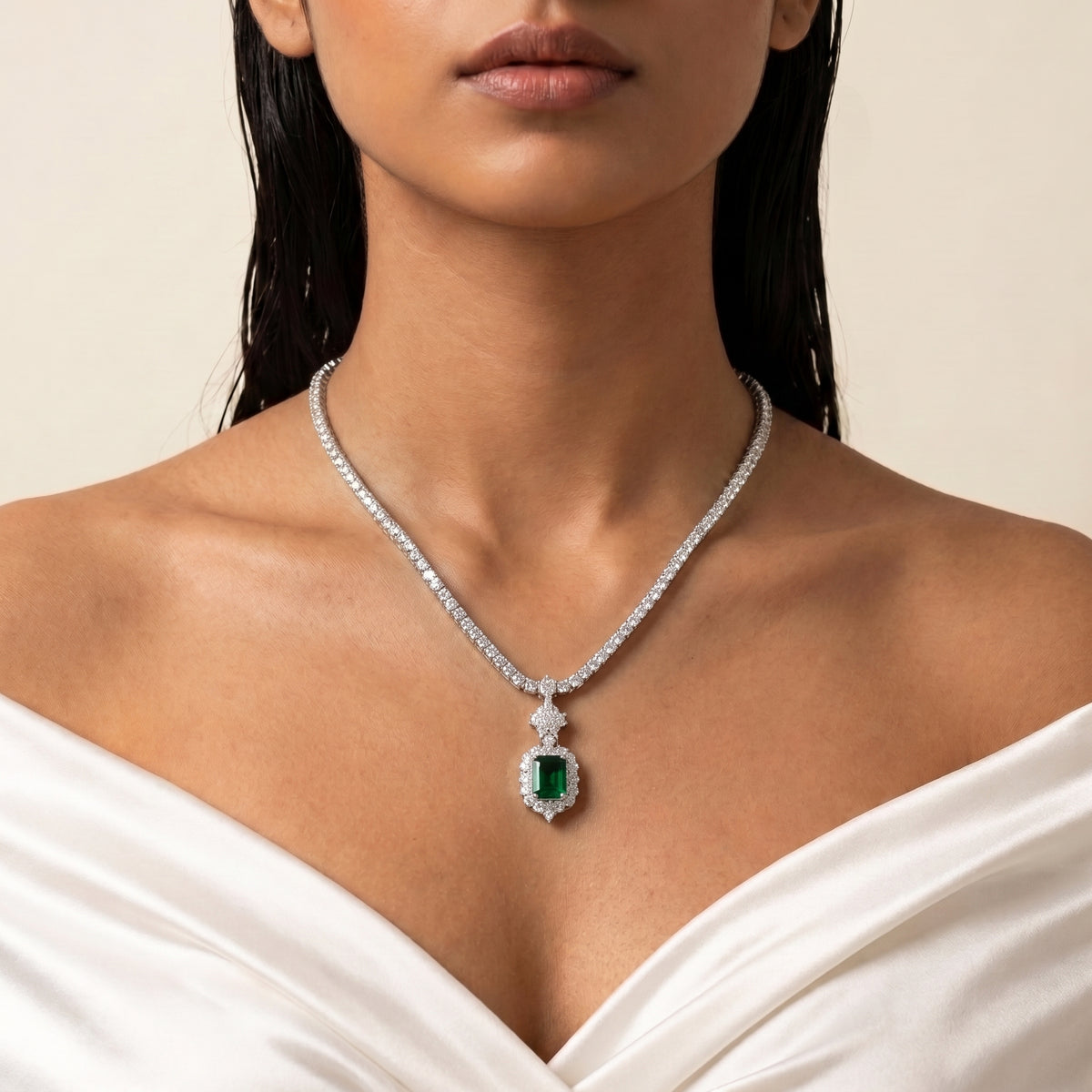 Veridian Emerald Diamond Solitaire Pendant Necklace Set