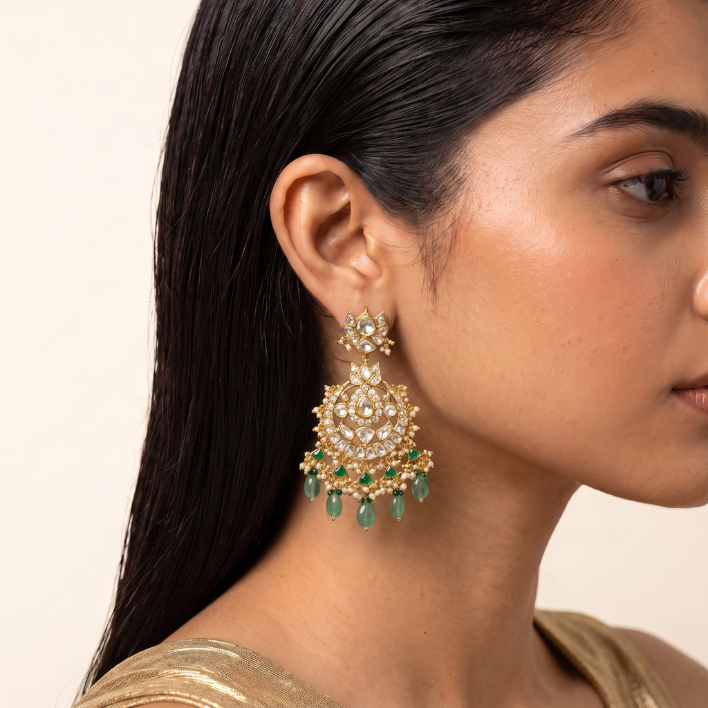 Emerald Kundan Pearl Fringe Bridal Necklace Set