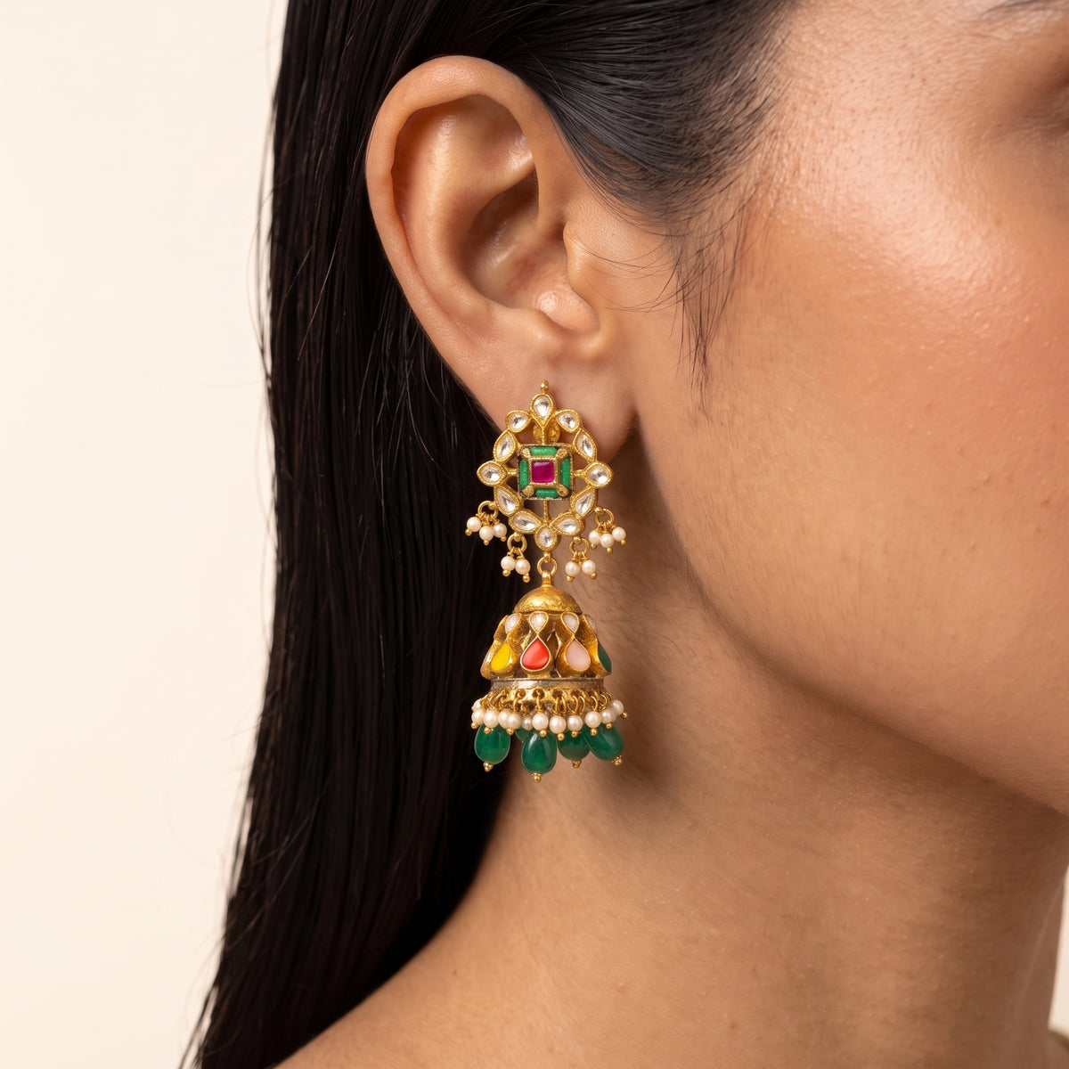 Emerald Navratna Kundan Jhumka Choker Set