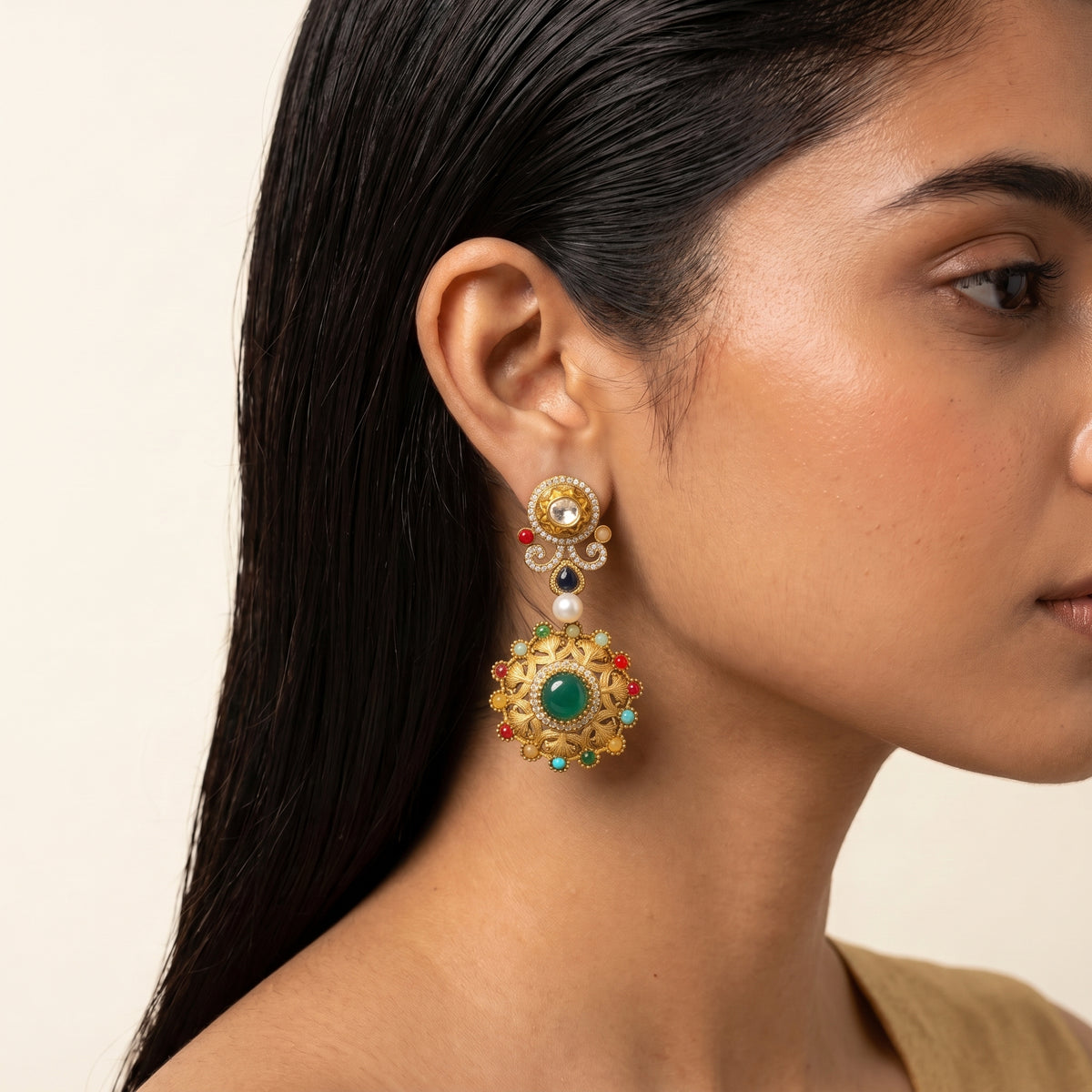 Navratna Kundan Emerald Medallion Necklace Set