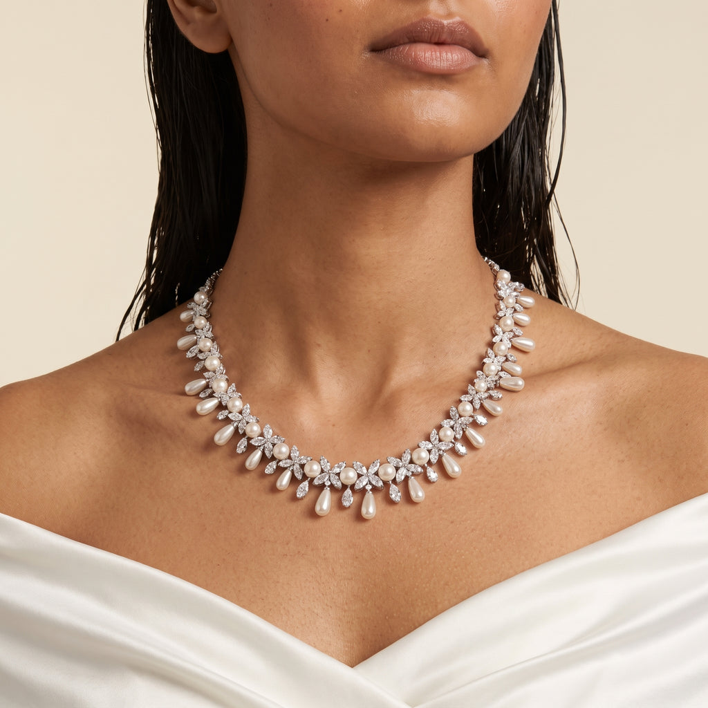 Aurelle Diamond Pearl Cascade Necklace Set