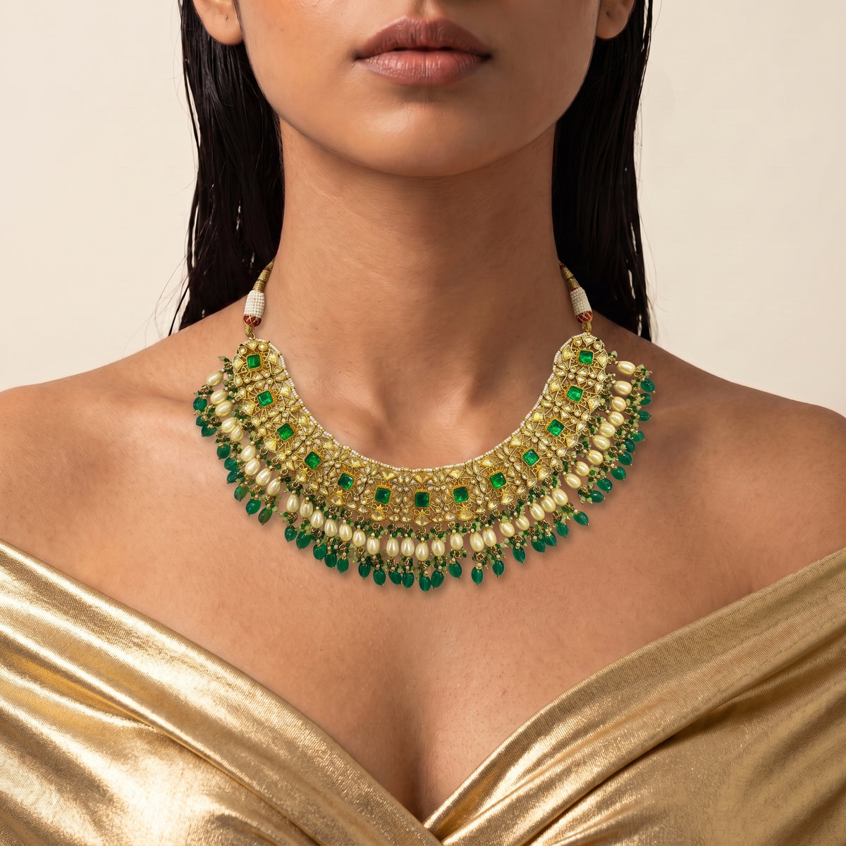 Emerald Kundan Pearl Fringe Heritage Necklace Set