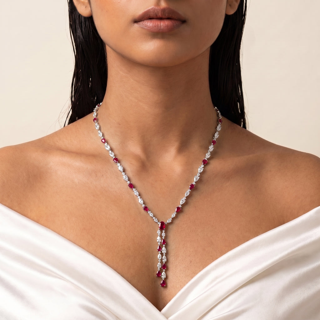 Ruviana Ruby Diamond Tassel Necklace Set