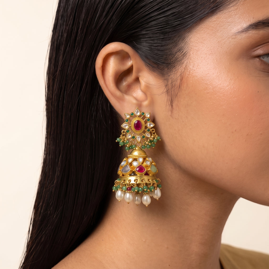 Navratna Kundan Pearl Cascade Bridal Necklace Set
