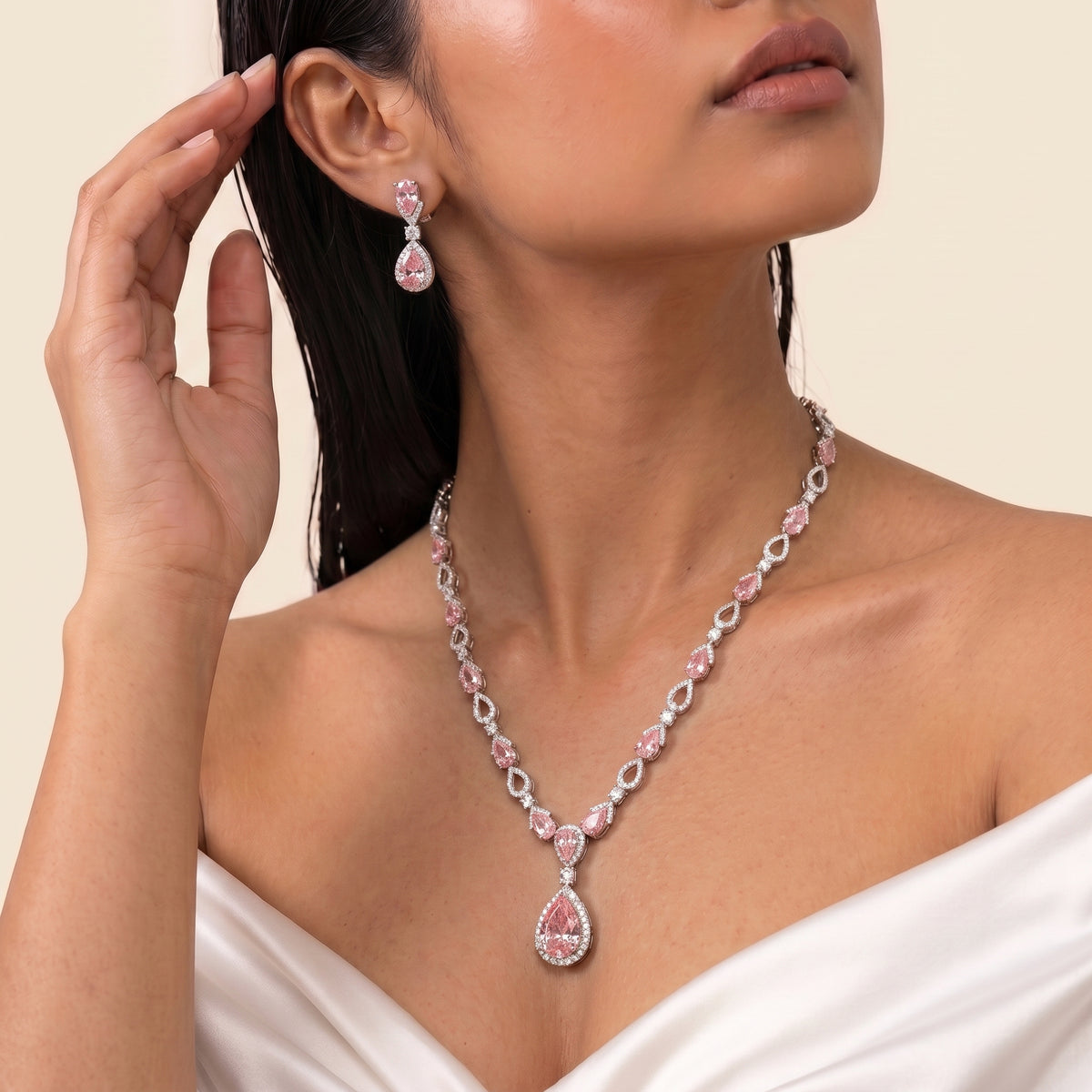 Rosaline Blush Pink Diamond Teardrop Necklace Set