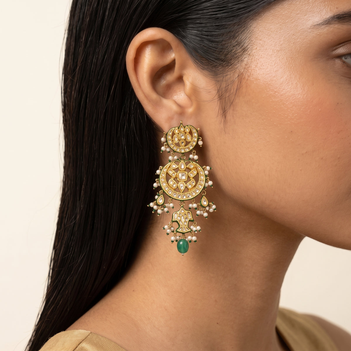 Emerald Green Kundan Meenakari Pearl Cascade Necklace Set