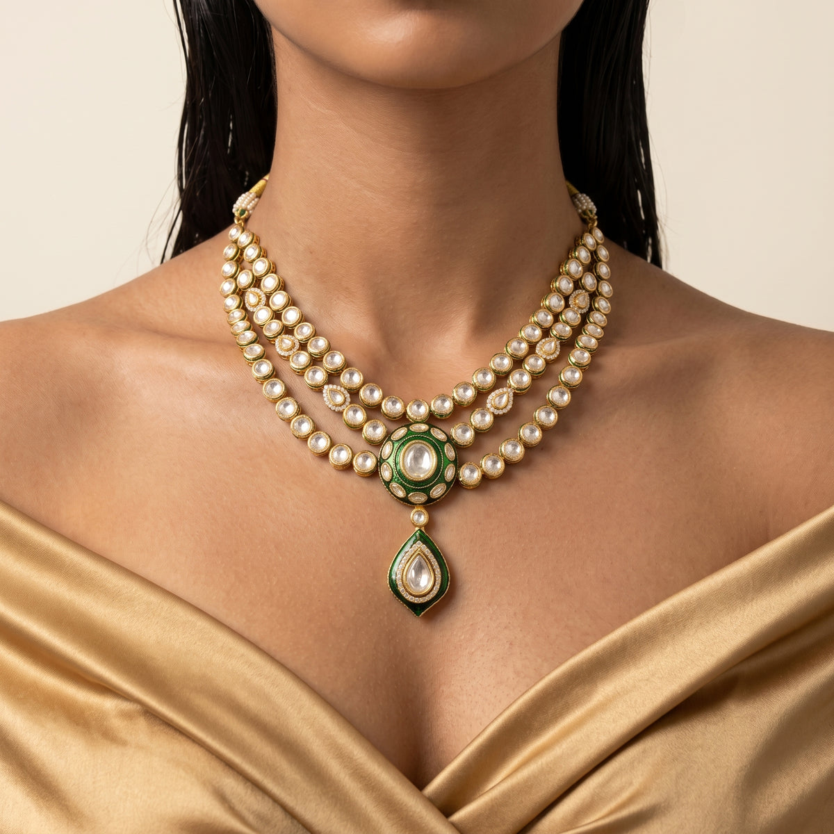 Iraa Emerald Kundan Layered Necklace Set