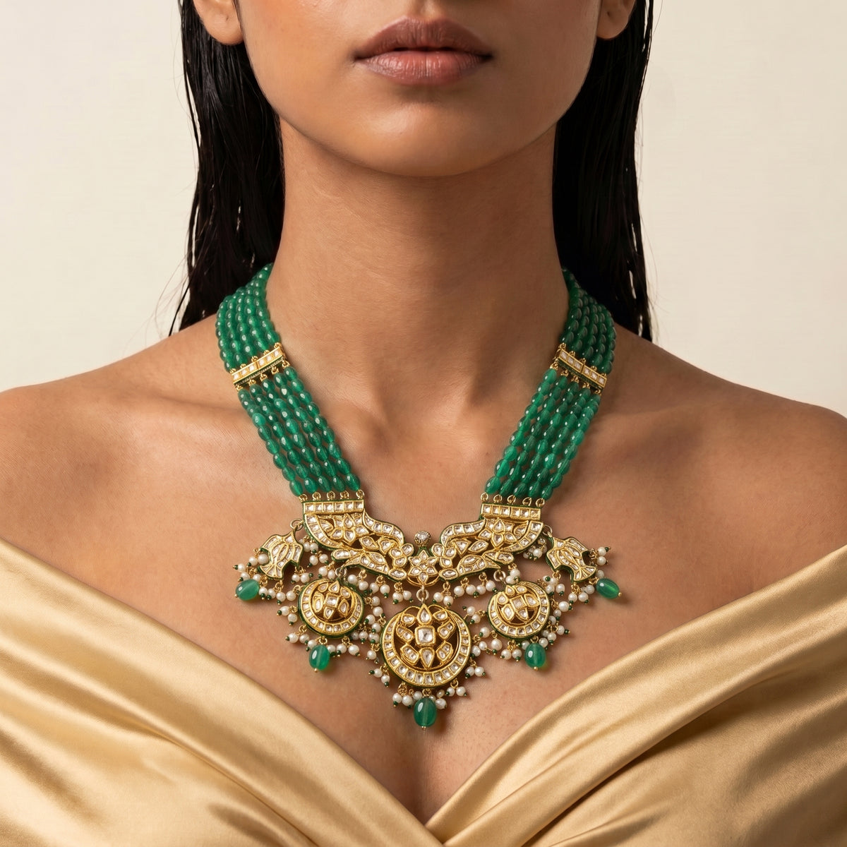 Emerald Green Kundan Meenakari Pearl Cascade Necklace Set