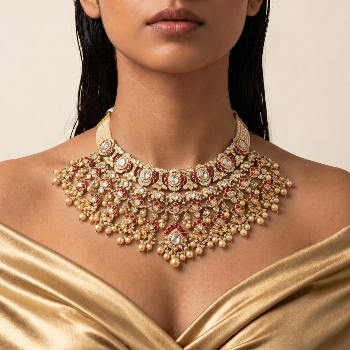Gulnaar Ruby Kundan Pearl Bridal Necklace Set