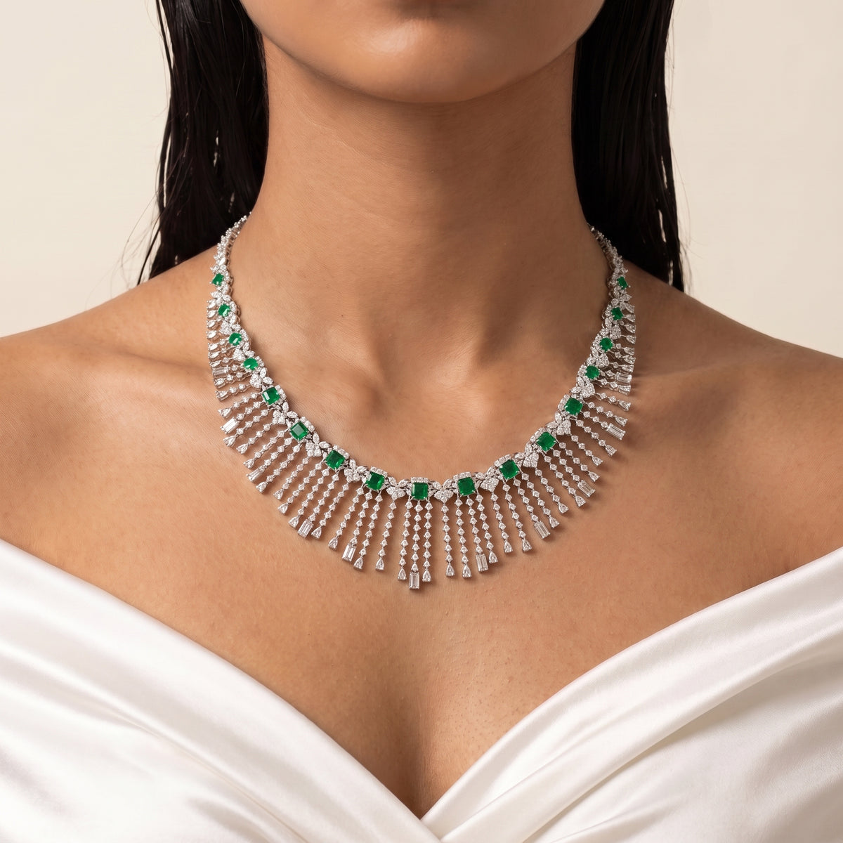 Emerald Elegance Diamond Fringe Necklace Set