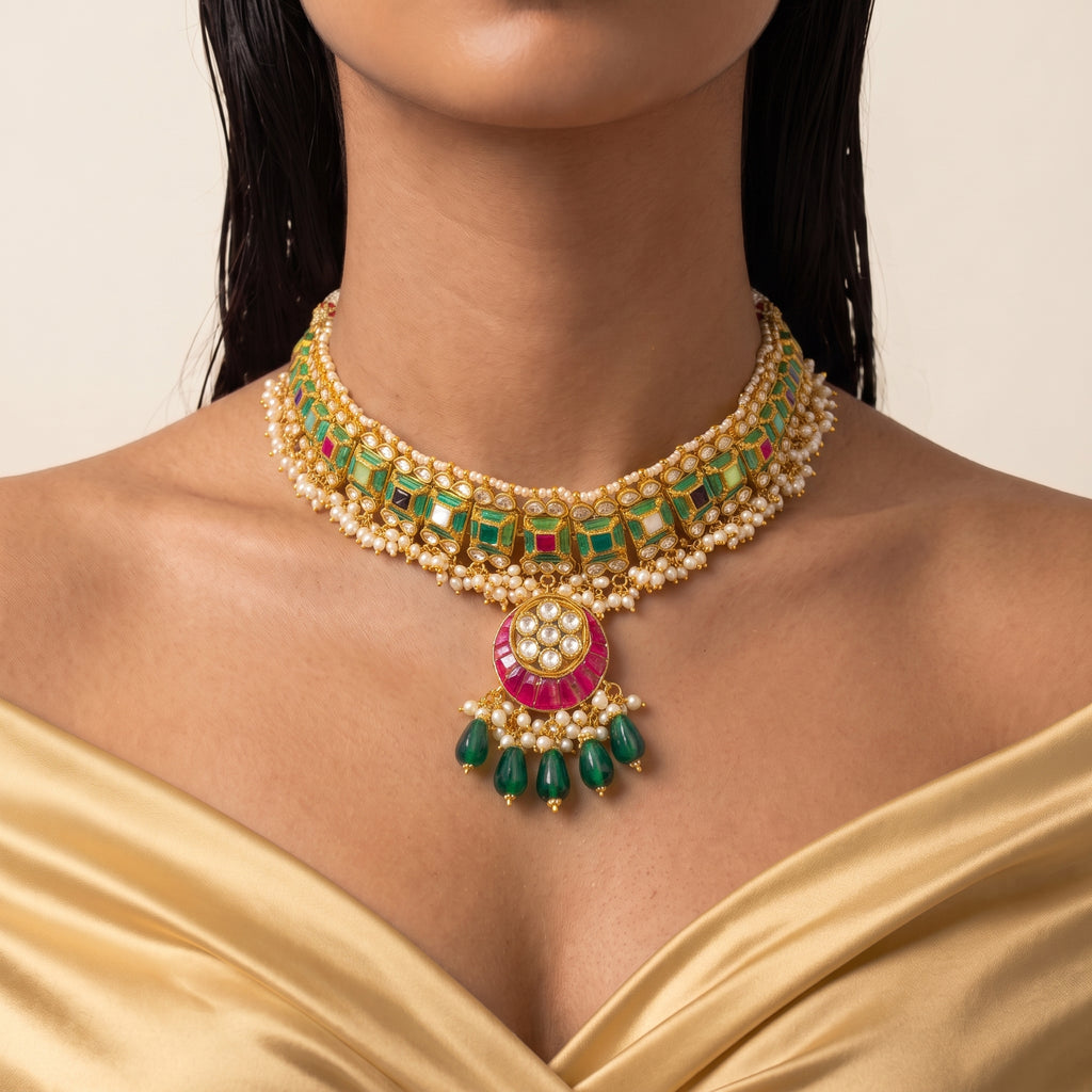 Emerald Navratna Kundan Jhumka Choker Set
