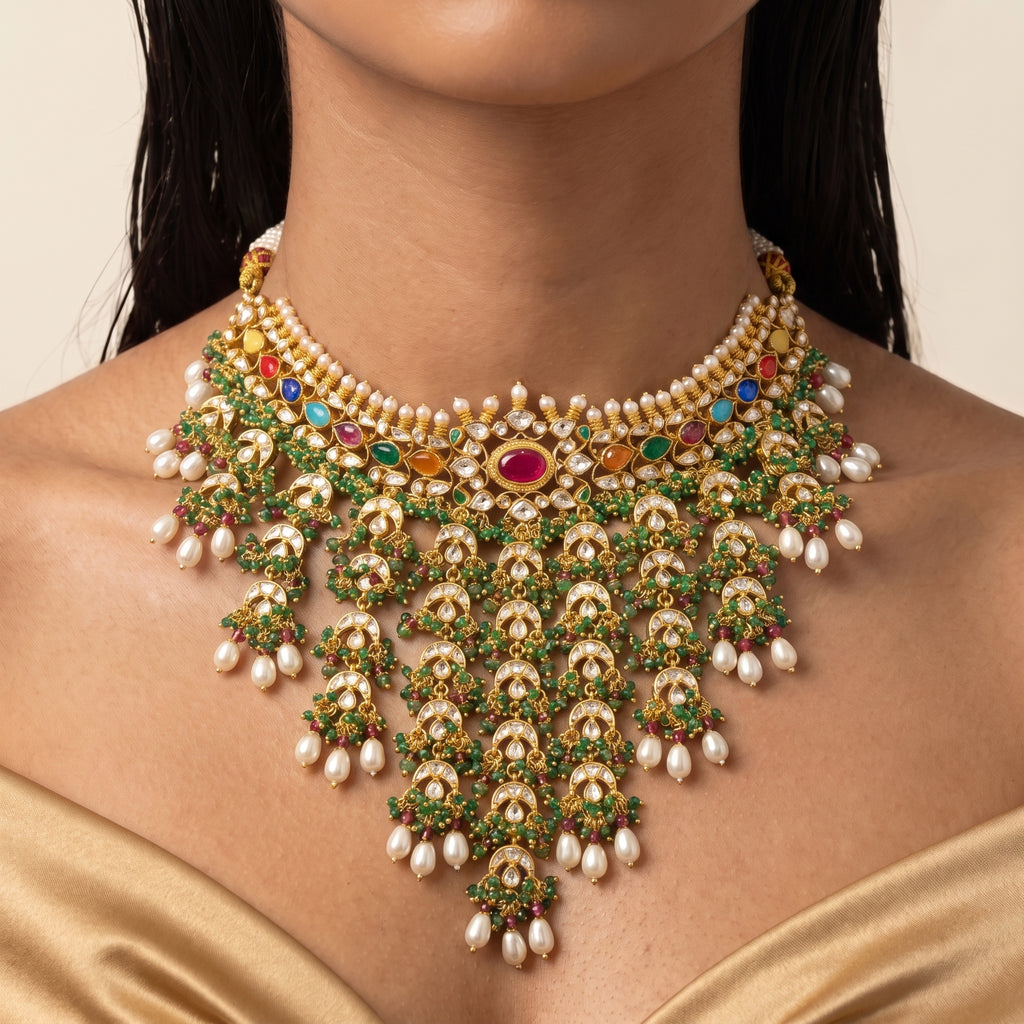 Navratna Kundan Pearl Cascade Bridal Necklace Set