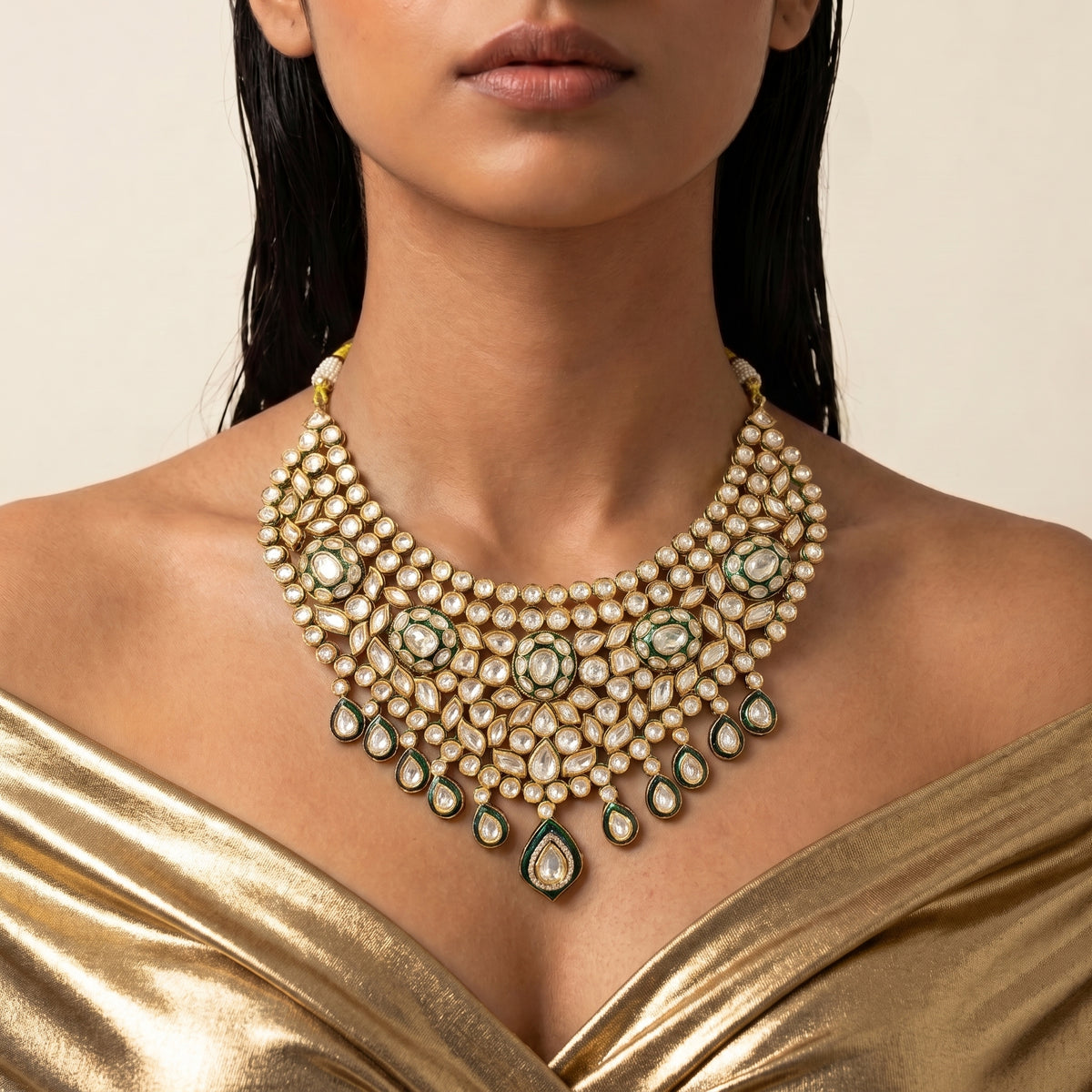 Emerald Kundan Royal Cascade Necklace Set