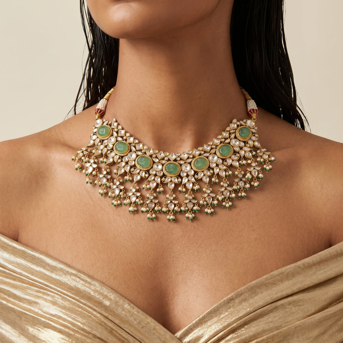 Sage Green Kundan Pearl Bridal Choker Set
