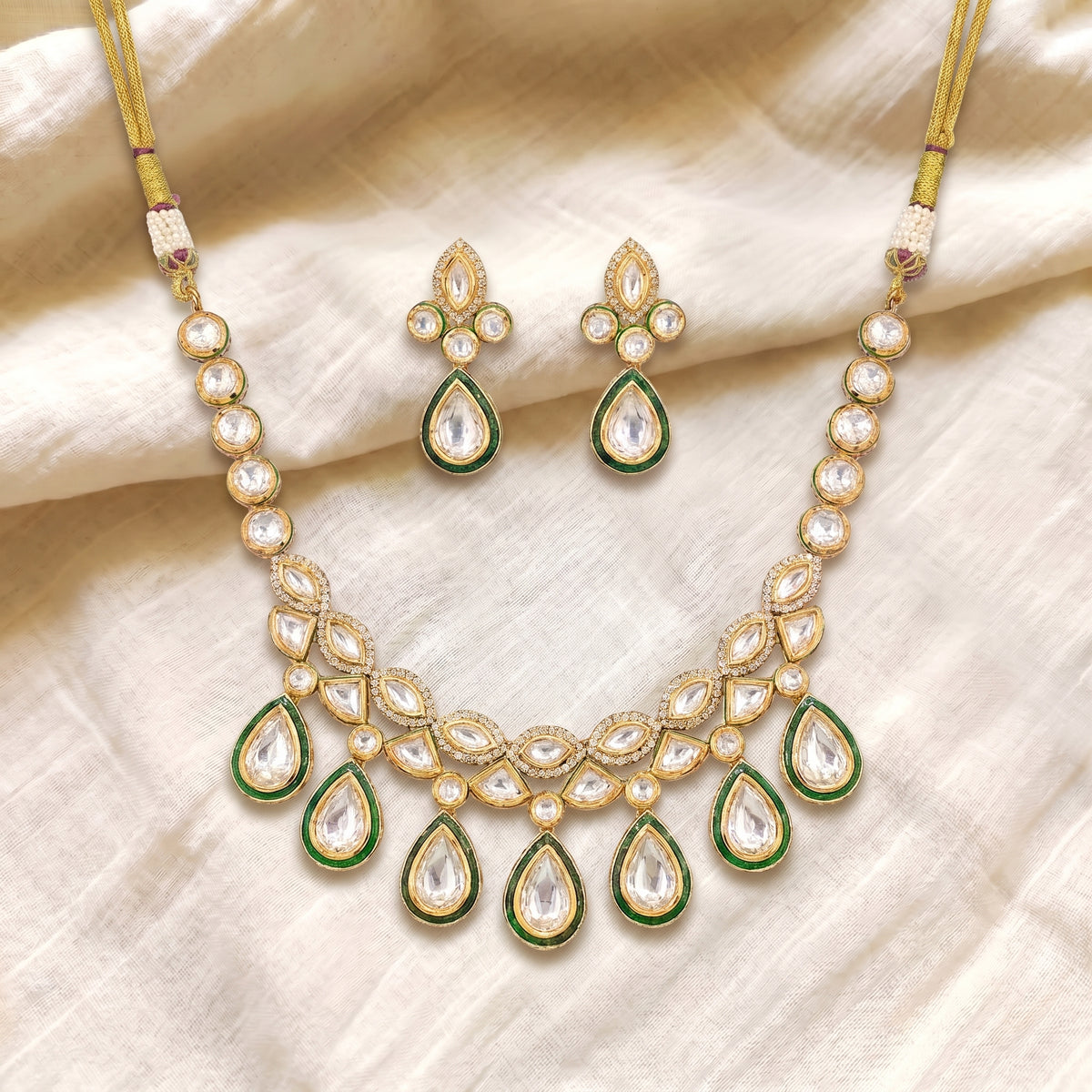 Meher Emerald Kundan Drop Necklace Set