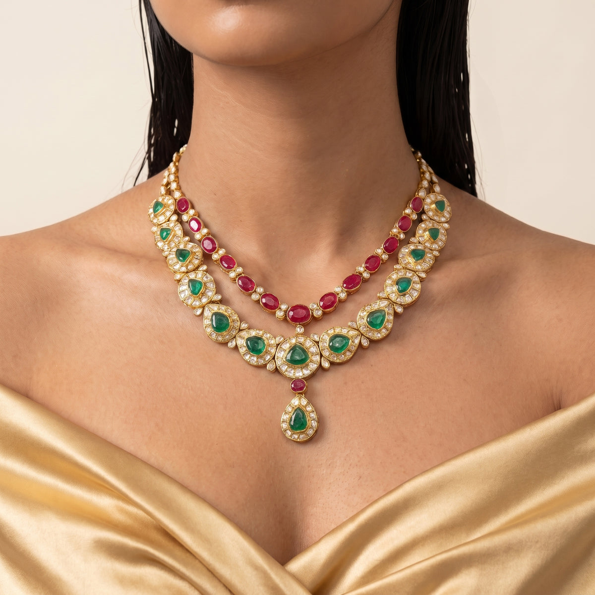 Maharani Ruby Emerald Kundan Layered Necklace Set