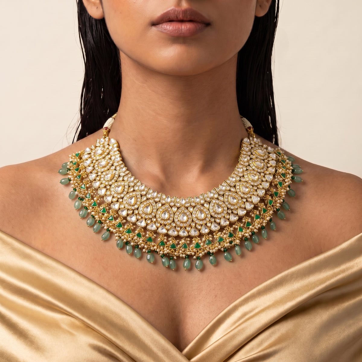 Emerald Kundan Pearl Fringe Bridal Necklace Set