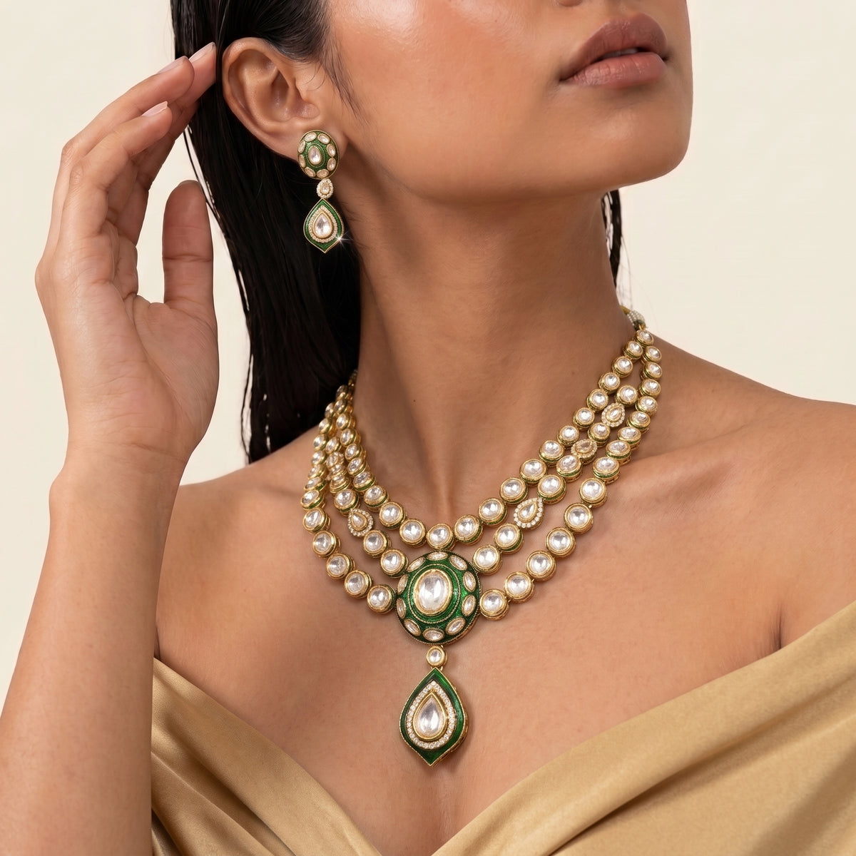 Iraa Emerald Kundan Layered Necklace Set