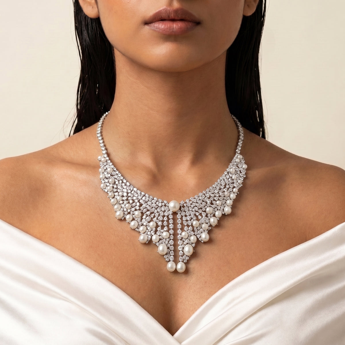 Aurelle Diamond Pearl Cascade Necklace Set