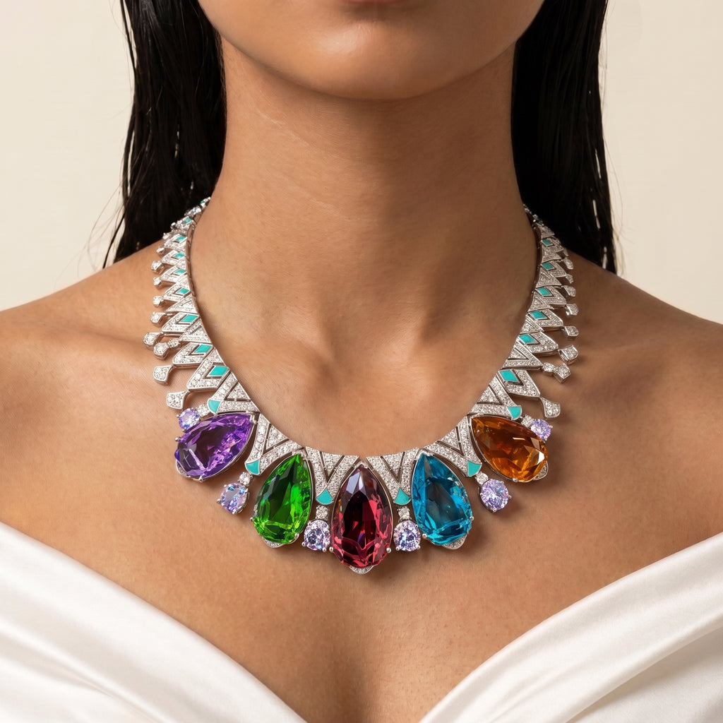 Aurora Multicolour Diamond Statement Necklace Set