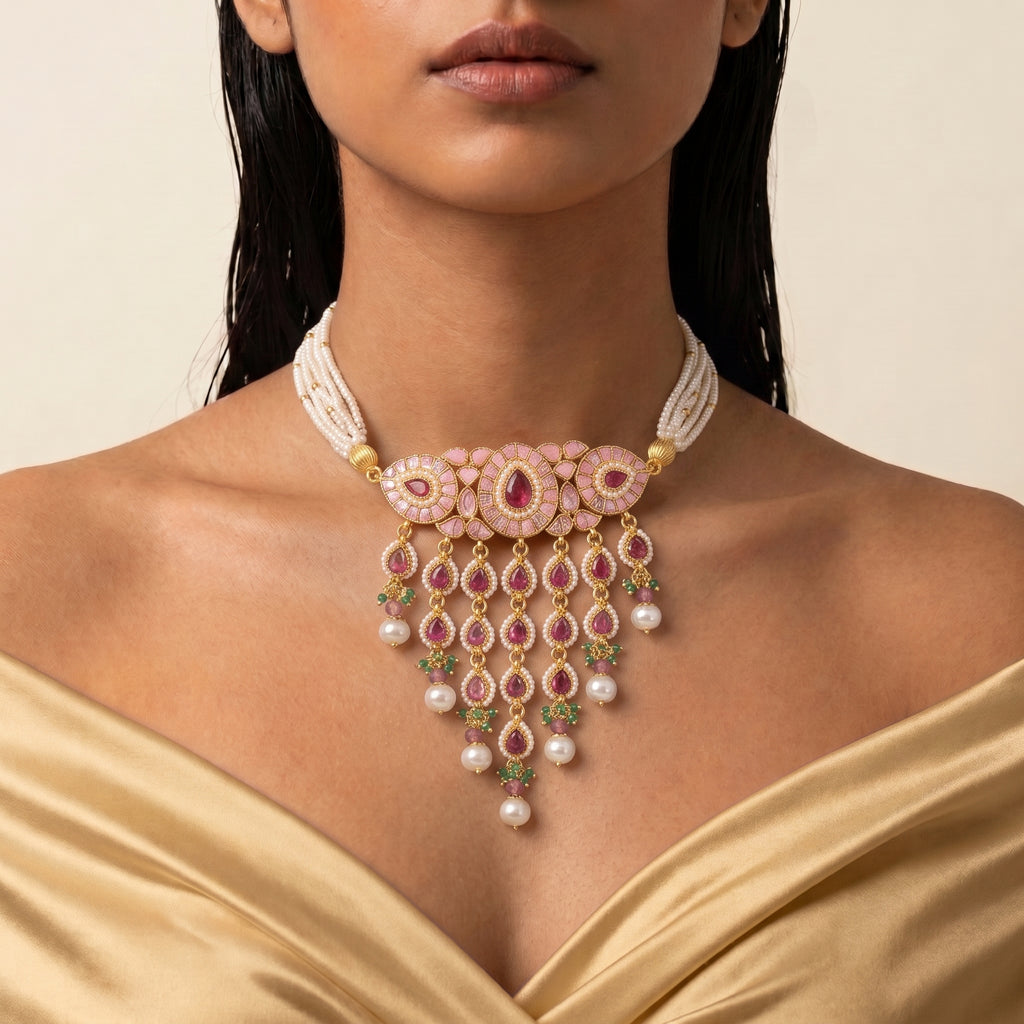 Gulabi Pearl Meenakari Cascade Necklace Set