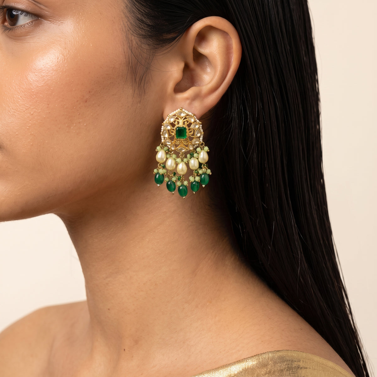 Emerald Kundan Pearl Fringe Heritage Necklace Set