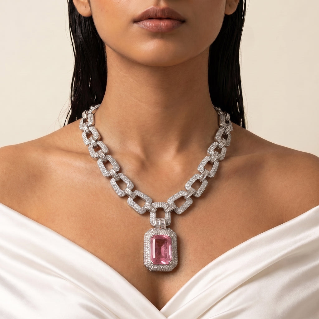 Rosavelle Pink Diamond Link Necklace Set
