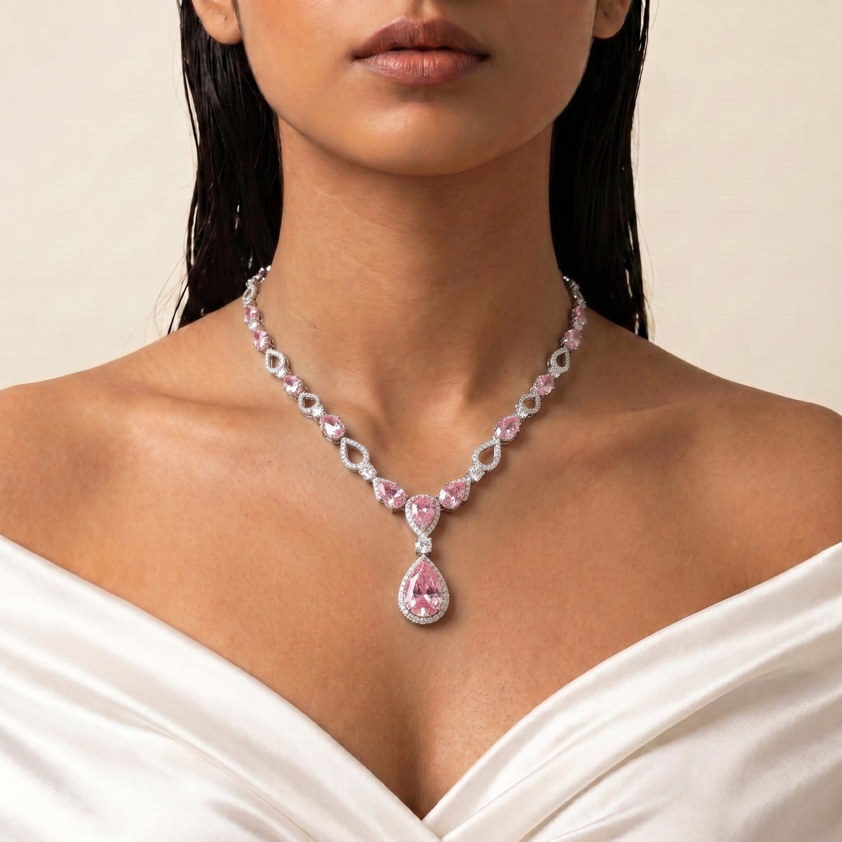 Rosaline Blush Pink Diamond Teardrop Necklace Set