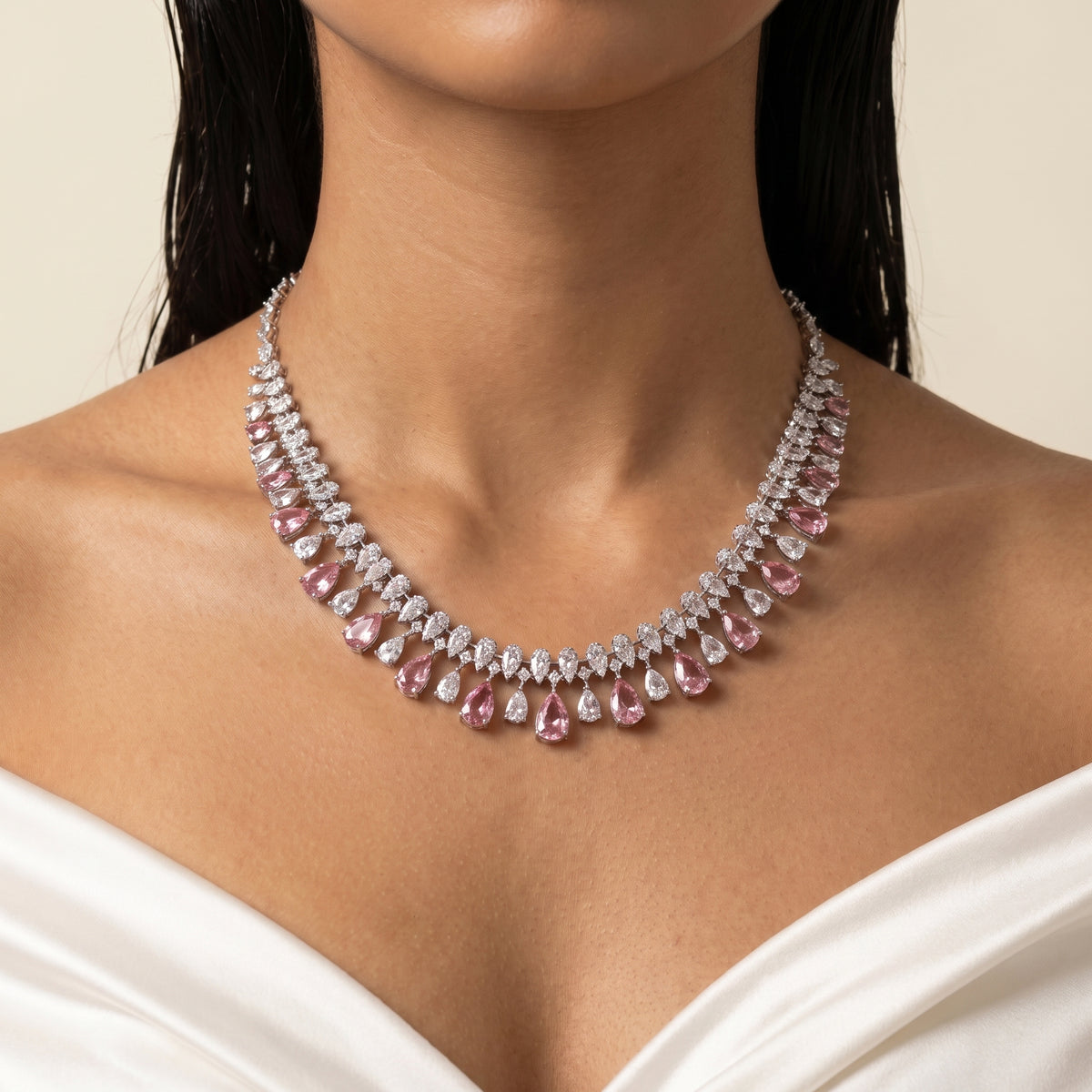 Aveline Rose Pink Diamond Floral Necklace Set