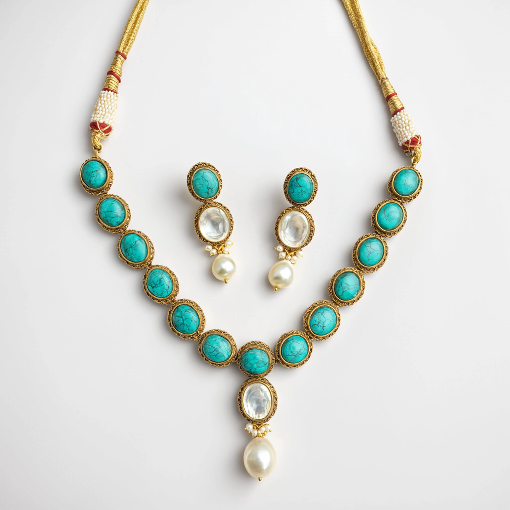 Turquoise Kundan Heritage Pearl Necklace Set