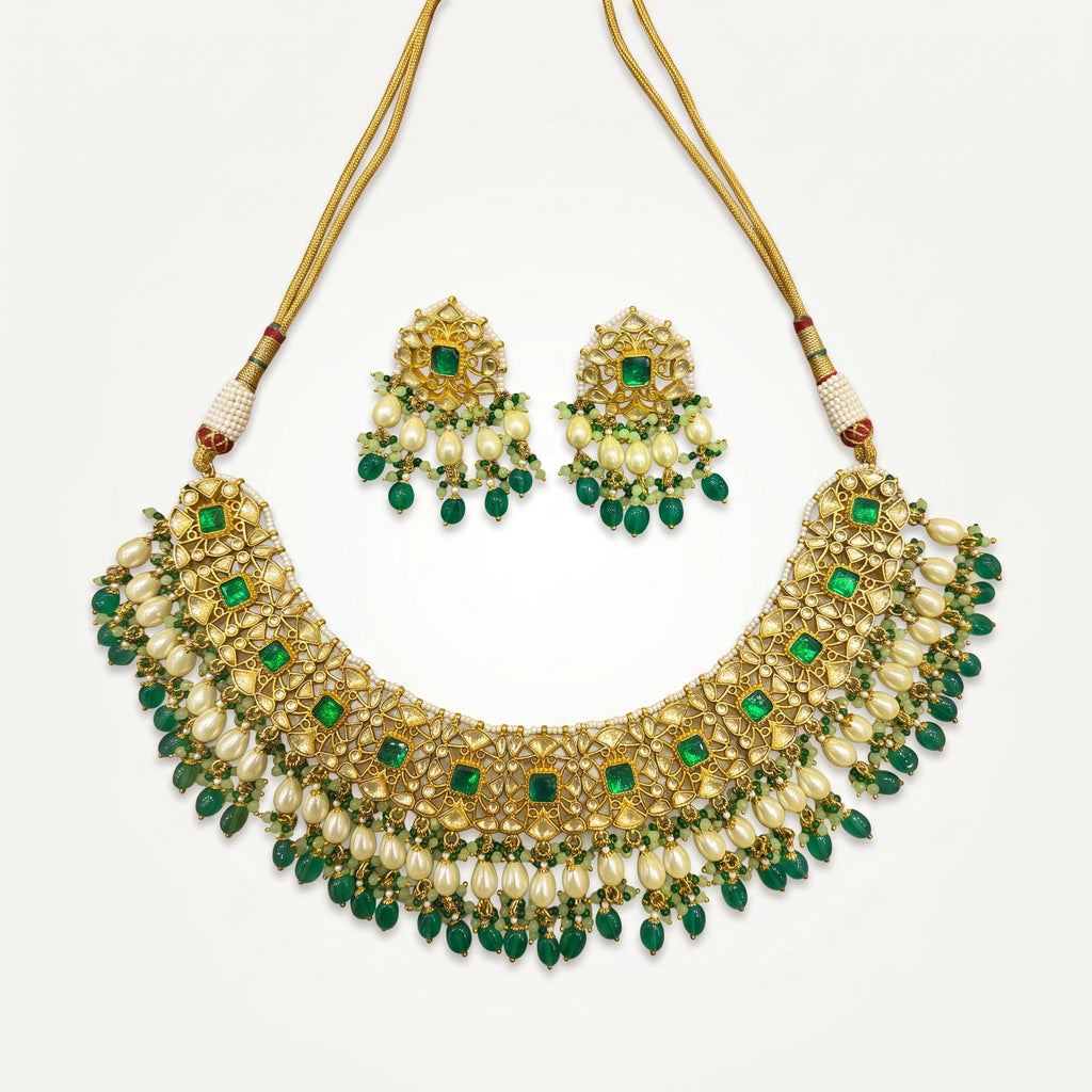 Emerald Kundan Pearl Fringe Heritage Necklace Set