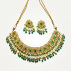 Emerald Kundan Pearl Fringe Heritage Necklace Set