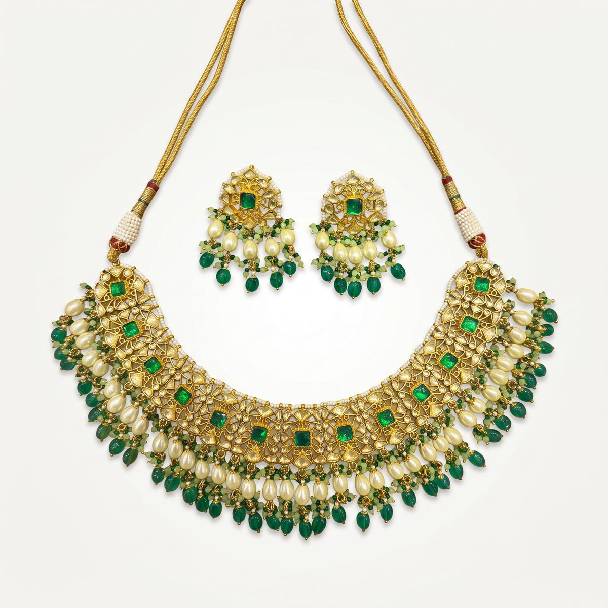Emerald Kundan Pearl Fringe Heritage Necklace Set