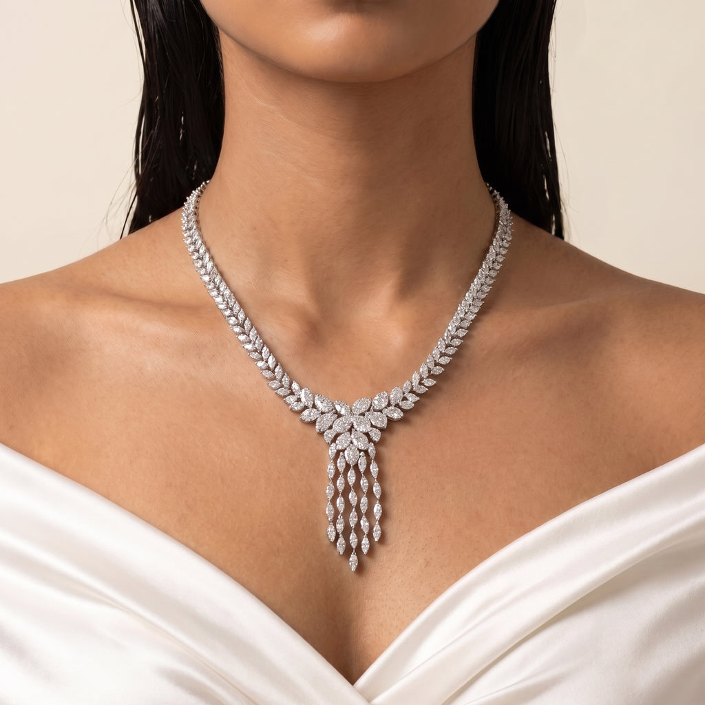 Valencia Diamond Floral Tassel Necklace Set