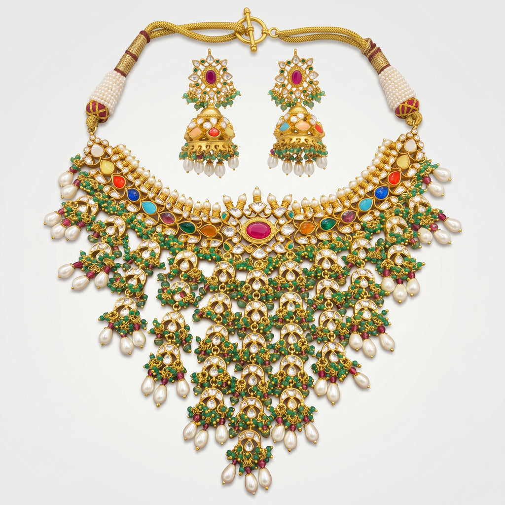Navratna Kundan Pearl Cascade Bridal Necklace Set