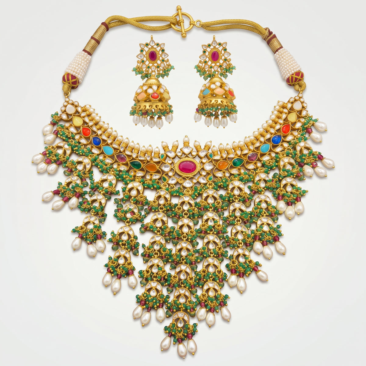 Navratna Kundan Pearl Cascade Bridal Necklace Set