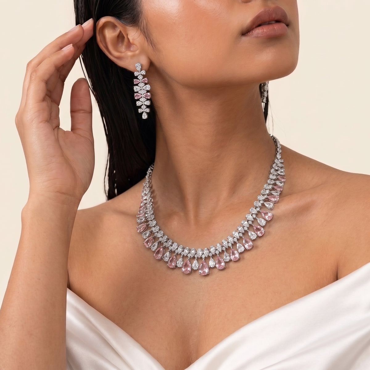 Aveline Rose Pink Diamond Floral Necklace Set