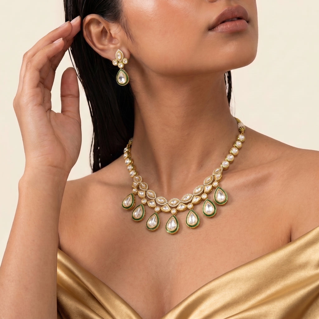 Meher Emerald Kundan Drop Necklace Set