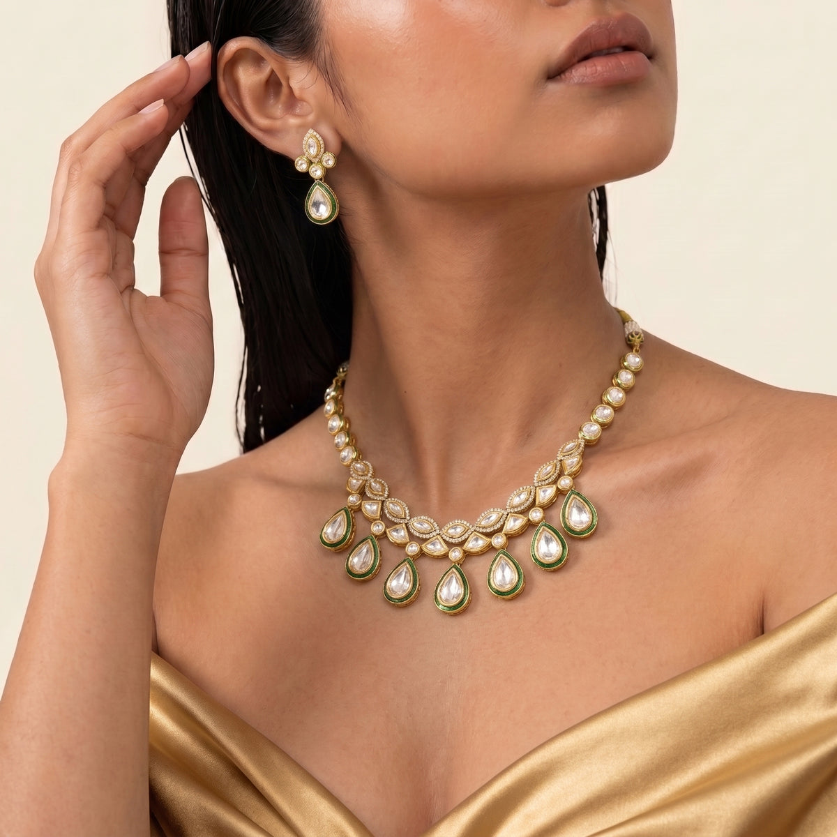 Meher Emerald Kundan Drop Necklace Set