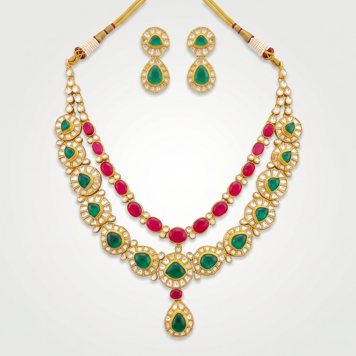 Maharani Ruby Emerald Kundan Layered Necklace Set