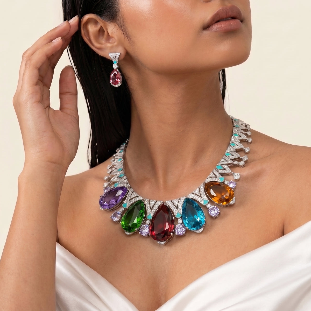 Aurora Multicolour Diamond Statement Necklace Set
