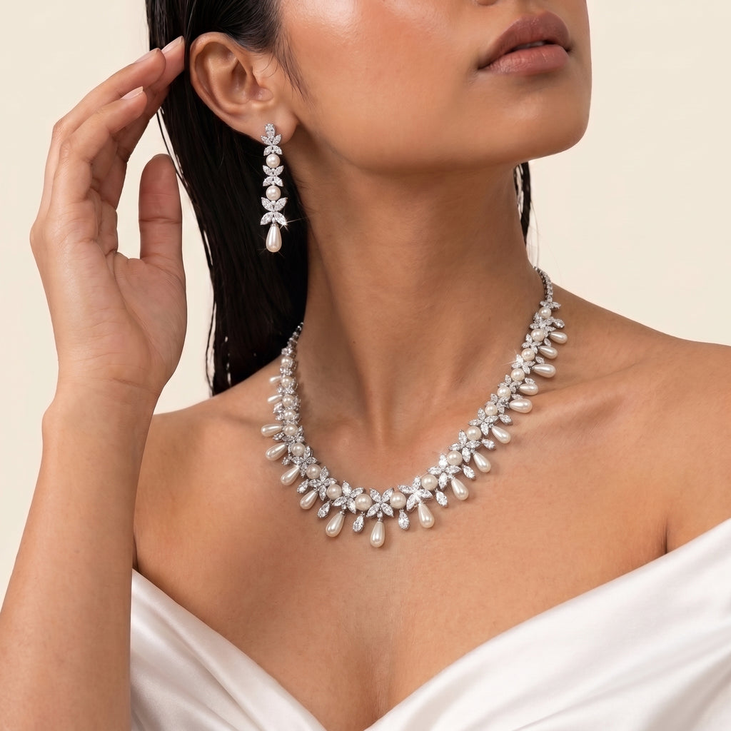Aurelle Diamond Pearl Cascade Necklace Set