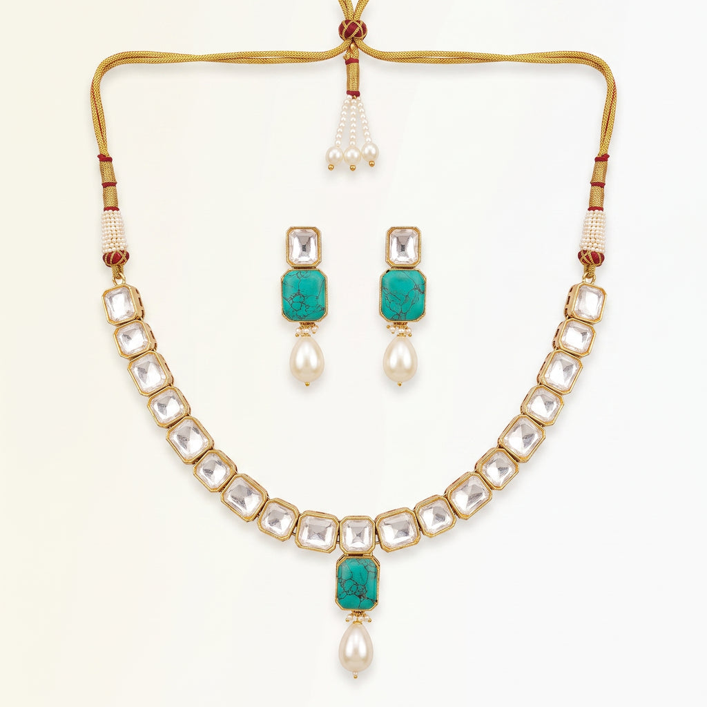 Turquoise Kundan Pearl Drop Necklace Set