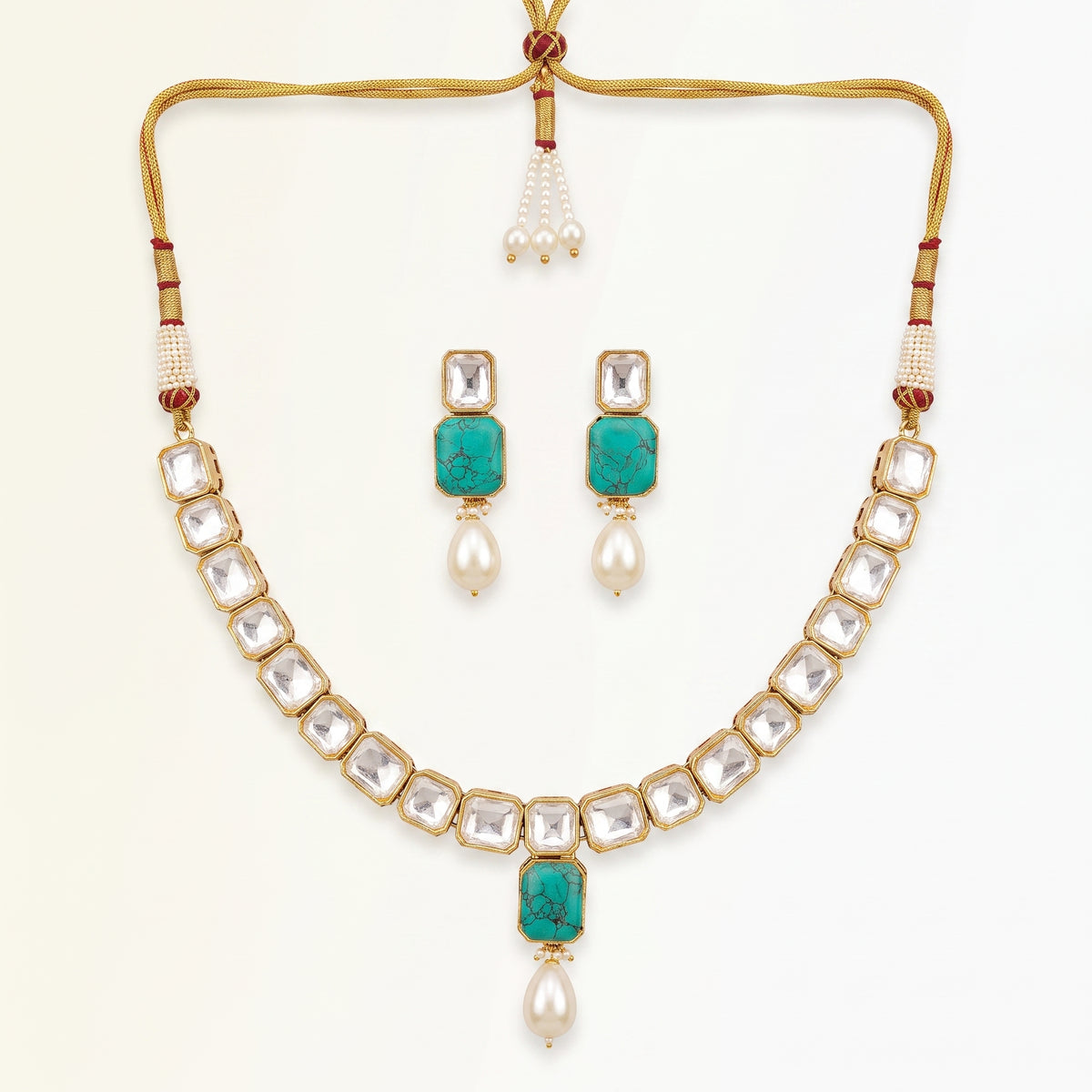 Turquoise Kundan Pearl Drop Necklace Set
