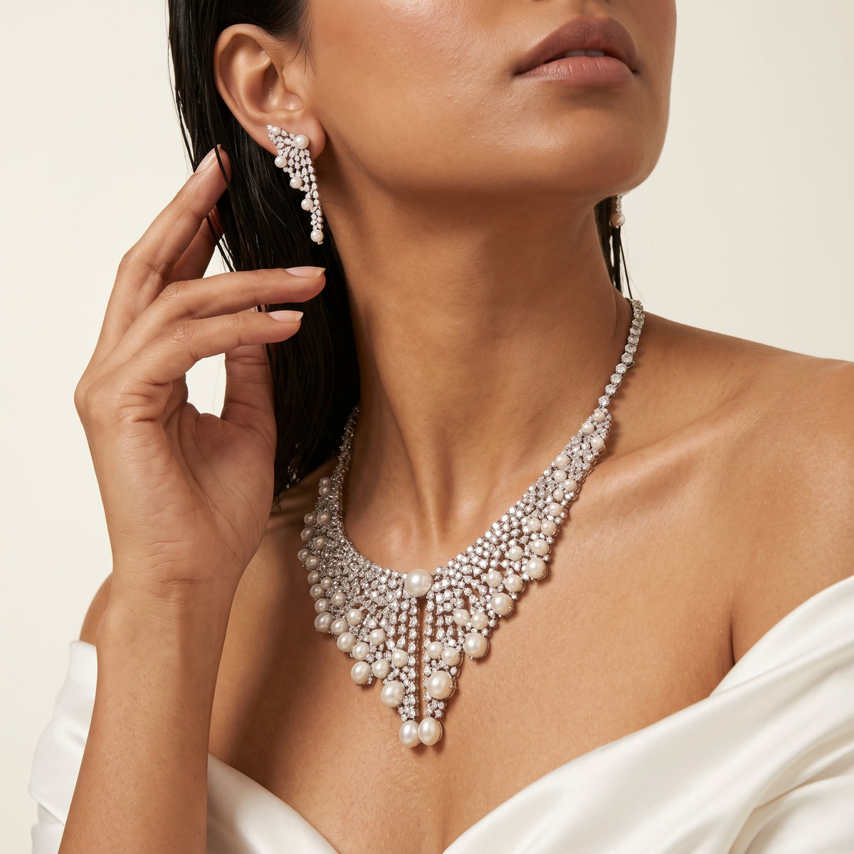 Aurelle Diamond Pearl Cascade Necklace Set