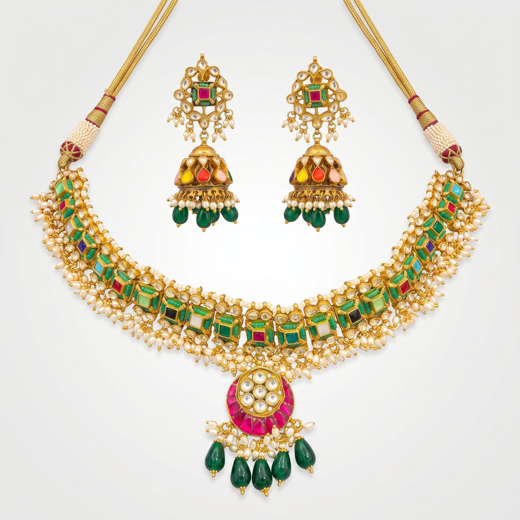 Emerald Navratna Kundan Jhumka Choker Set
