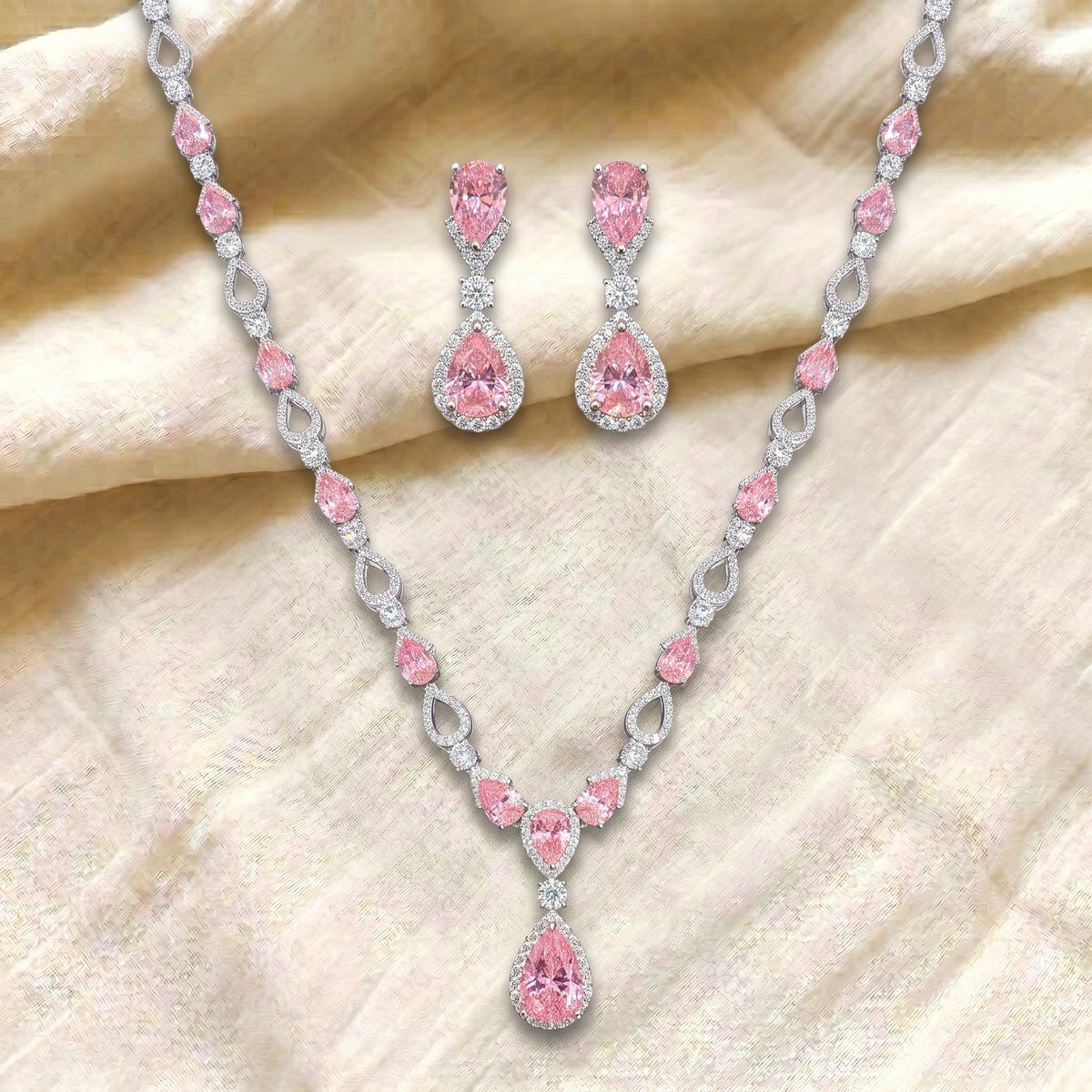 Rosaline Blush Pink Diamond Teardrop Necklace Set