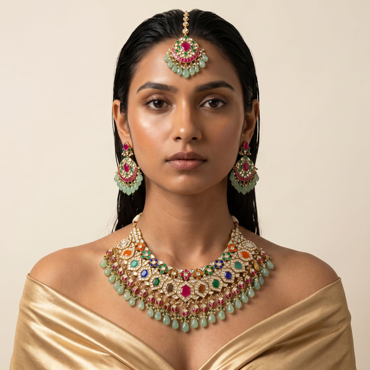 Navratna Kundan Meenakari Bridal Necklace Set