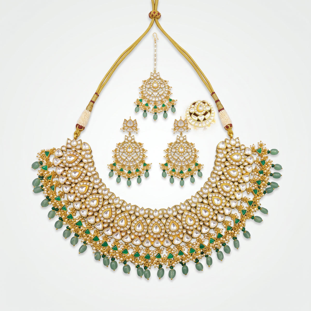 Emerald Kundan Pearl Fringe Bridal Necklace Set