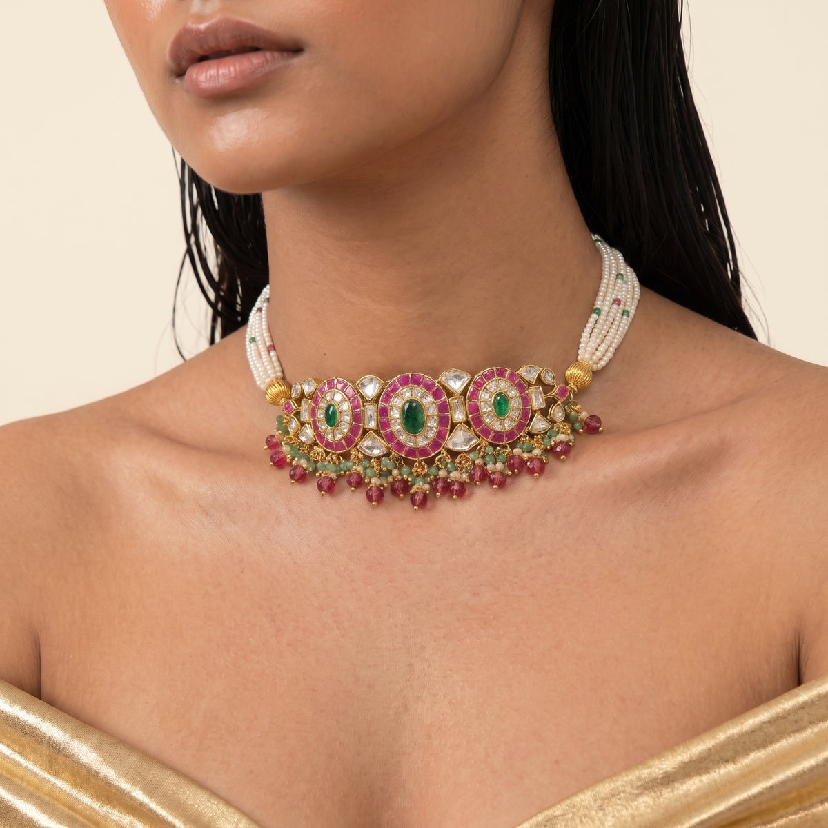 Rani Emerald Ruby Kundan Pearl Choker Set